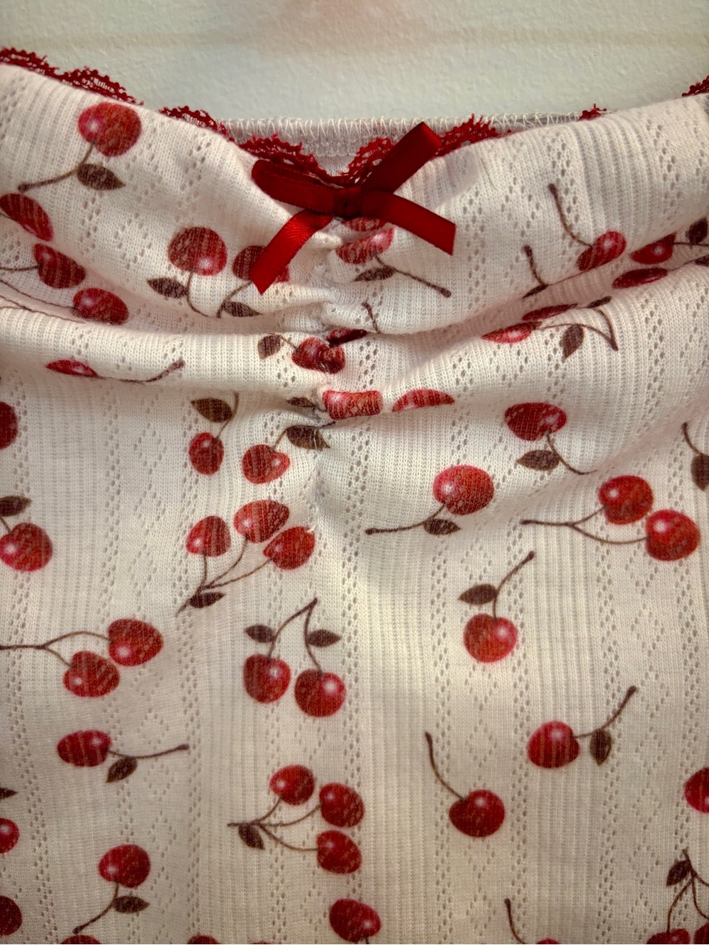 Pointelle Cherry Tube Top w/ Red Trim & Bow Detail